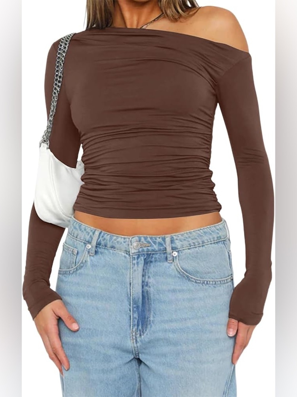 Amazon Off-Shoulder Ruched Long Sleeve Top - Brown